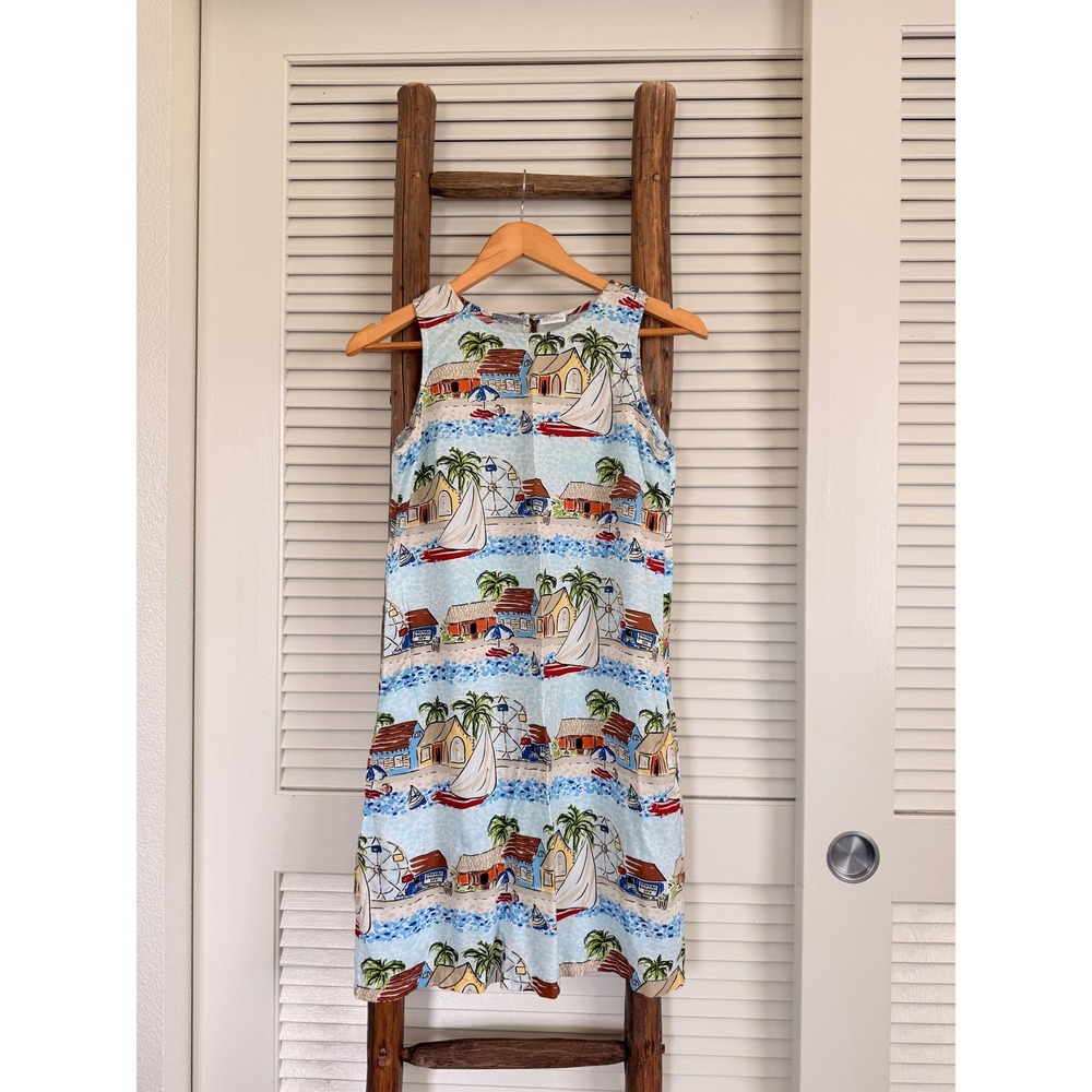 Weekend Clothes‎ Line Shift Dress Small Blue Tropical Beach Sailboat Rayon Mini
